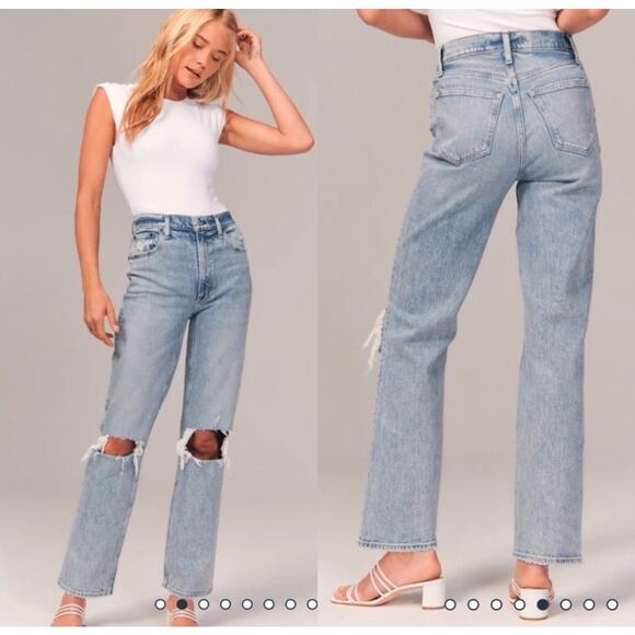 Ultra High Rise 90s Straight Jean light double knee destroyed distressed A&F 2 - Picture 2 of 7